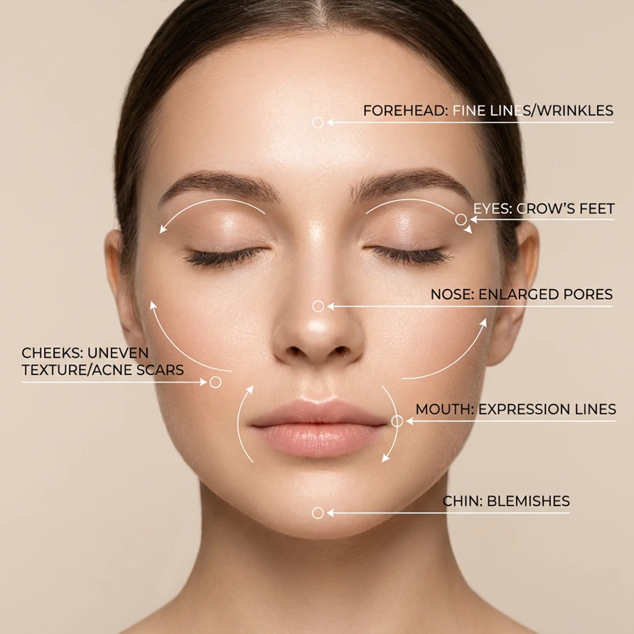 Diamant Microdermabrasion Behandlungszonen auf dem Gesicht – Infografik zeigt Stirnfalten, vergrößerte Poren, Aknenarben, Unreinheiten und andere Problemzonen