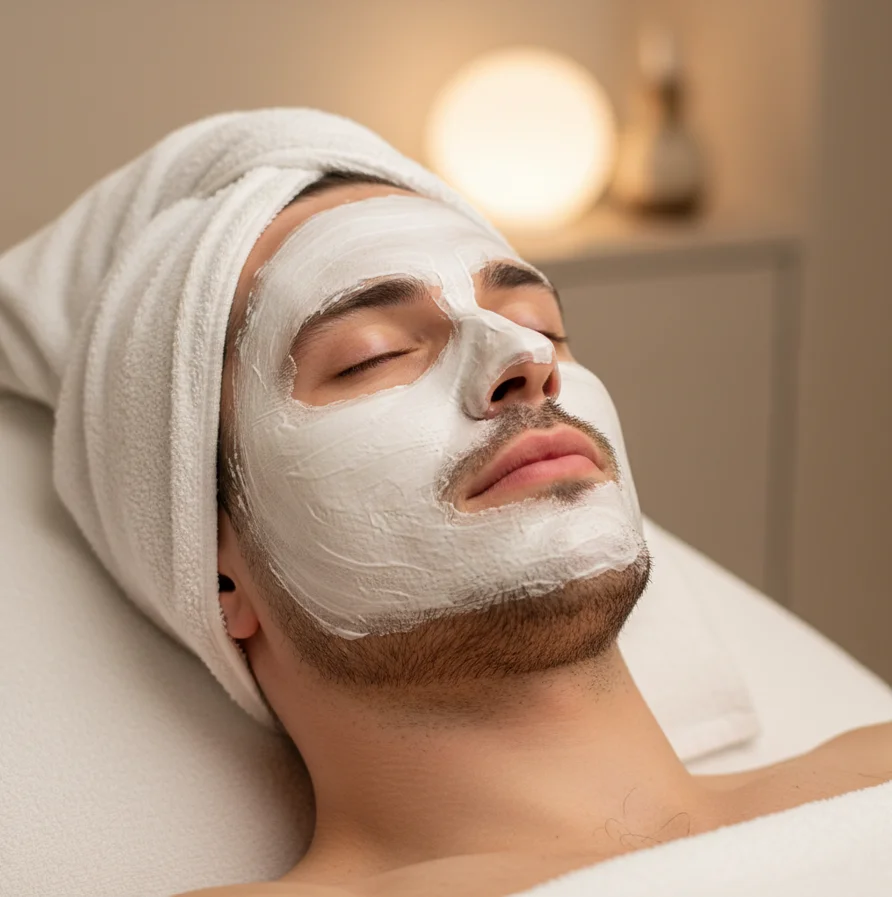 Mann mit pflegender Gesichtsmaske – professionelle Hautpflege für Männer