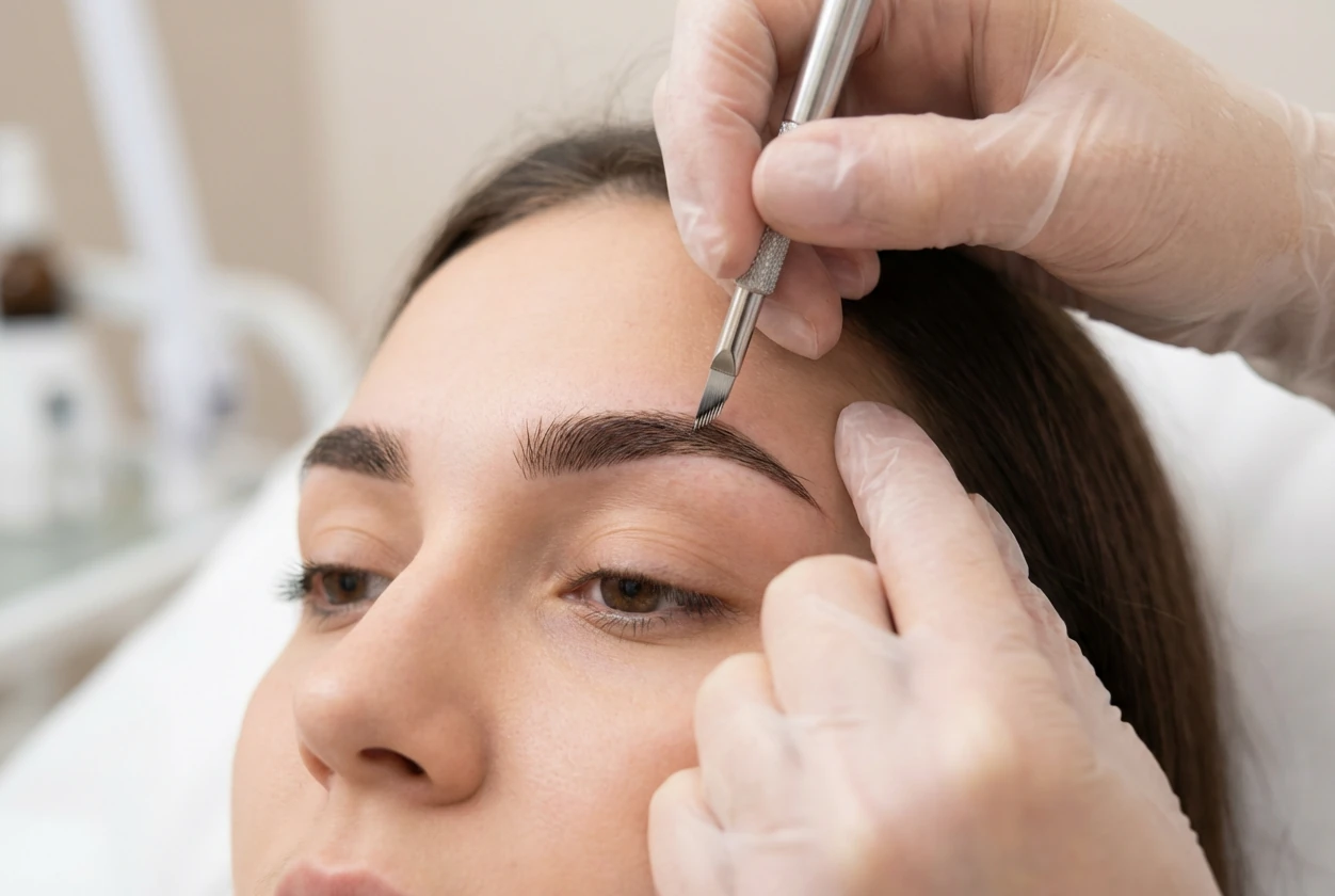 Detailaufnahme der Härchenlinien-Technik an den Augenbrauen