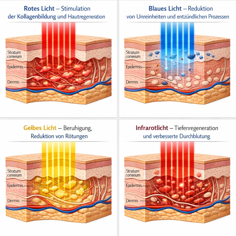 LED Lichttherapie Wirkung auf Hautschichten