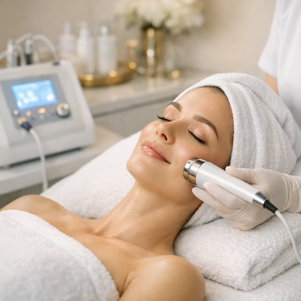 Nahaufnahme der Mesoporation Anwendung am Gesicht, glatte Haut