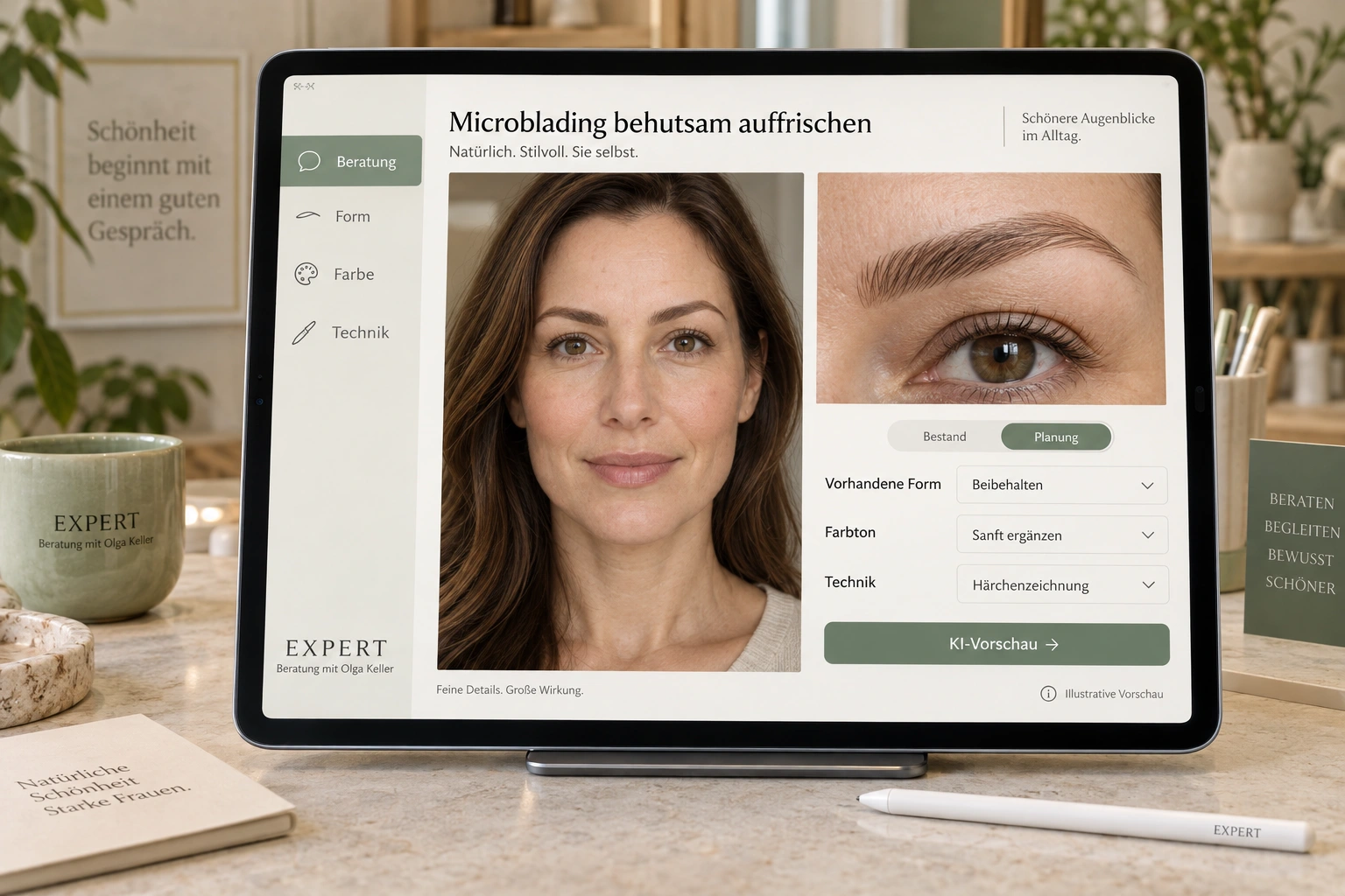 Illustration of an iPad with German software for planning a gentle microblading touch-up