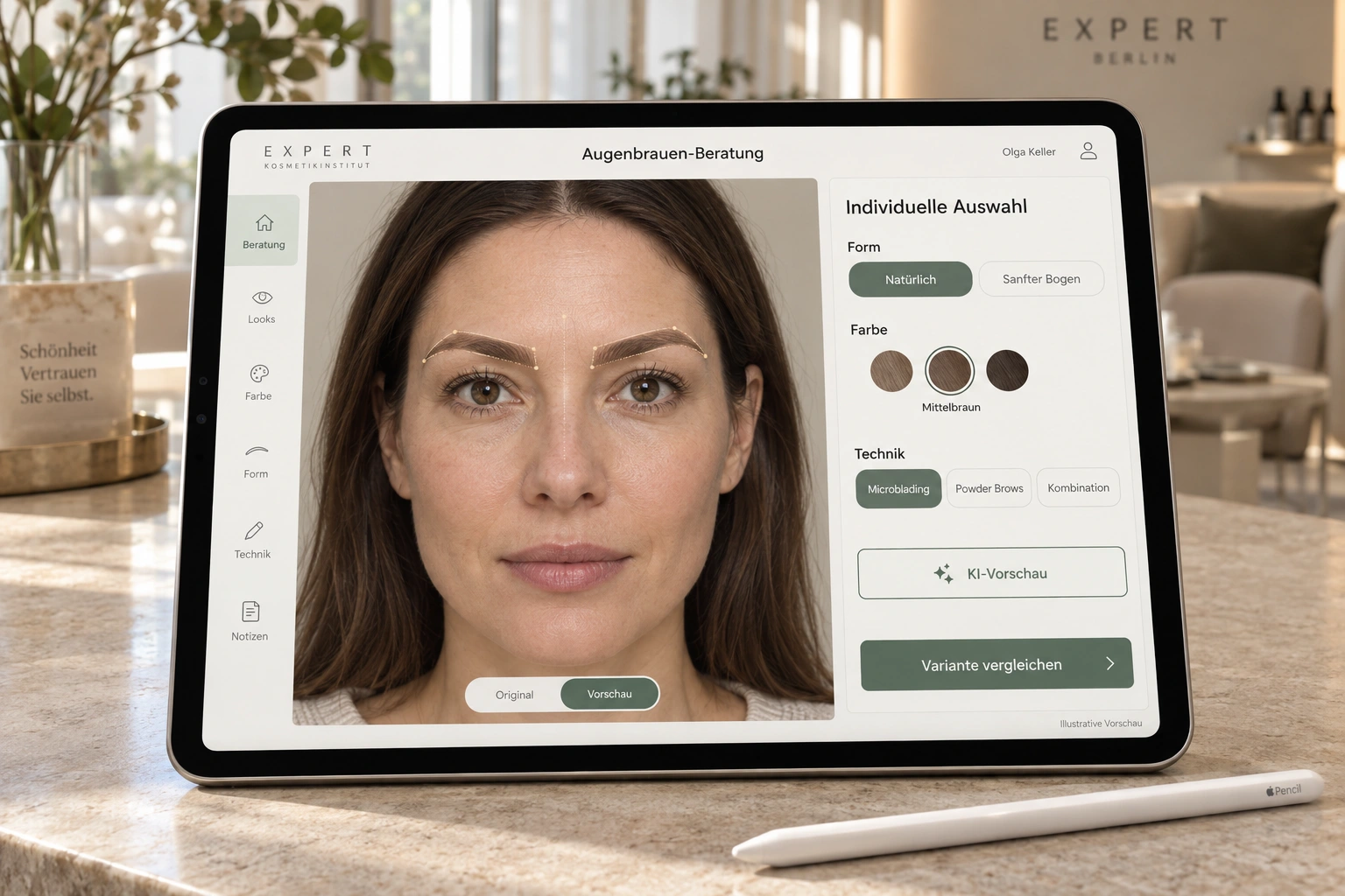 Иллюстрация iPad с программой на немецком языке для выбора формы бровей, оттенка и техники микроблейдинга