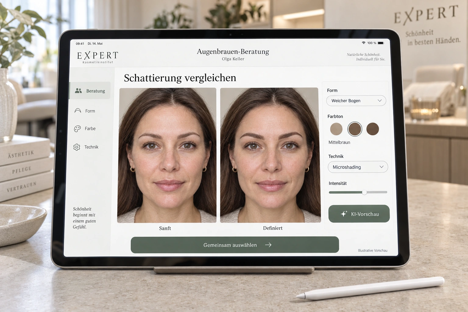 Illustration of an iPad with German software comparing soft and defined eyebrow shading