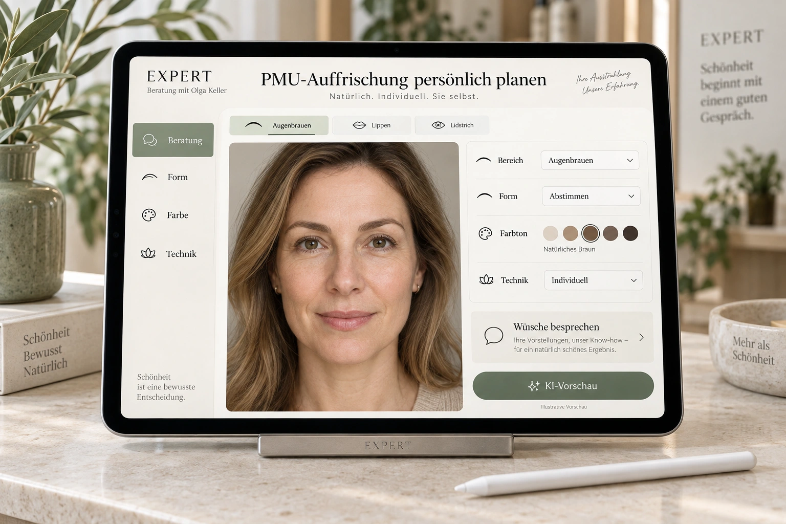 Illustration of an iPad with German PMU touch-up consultation software with eyebrows selected