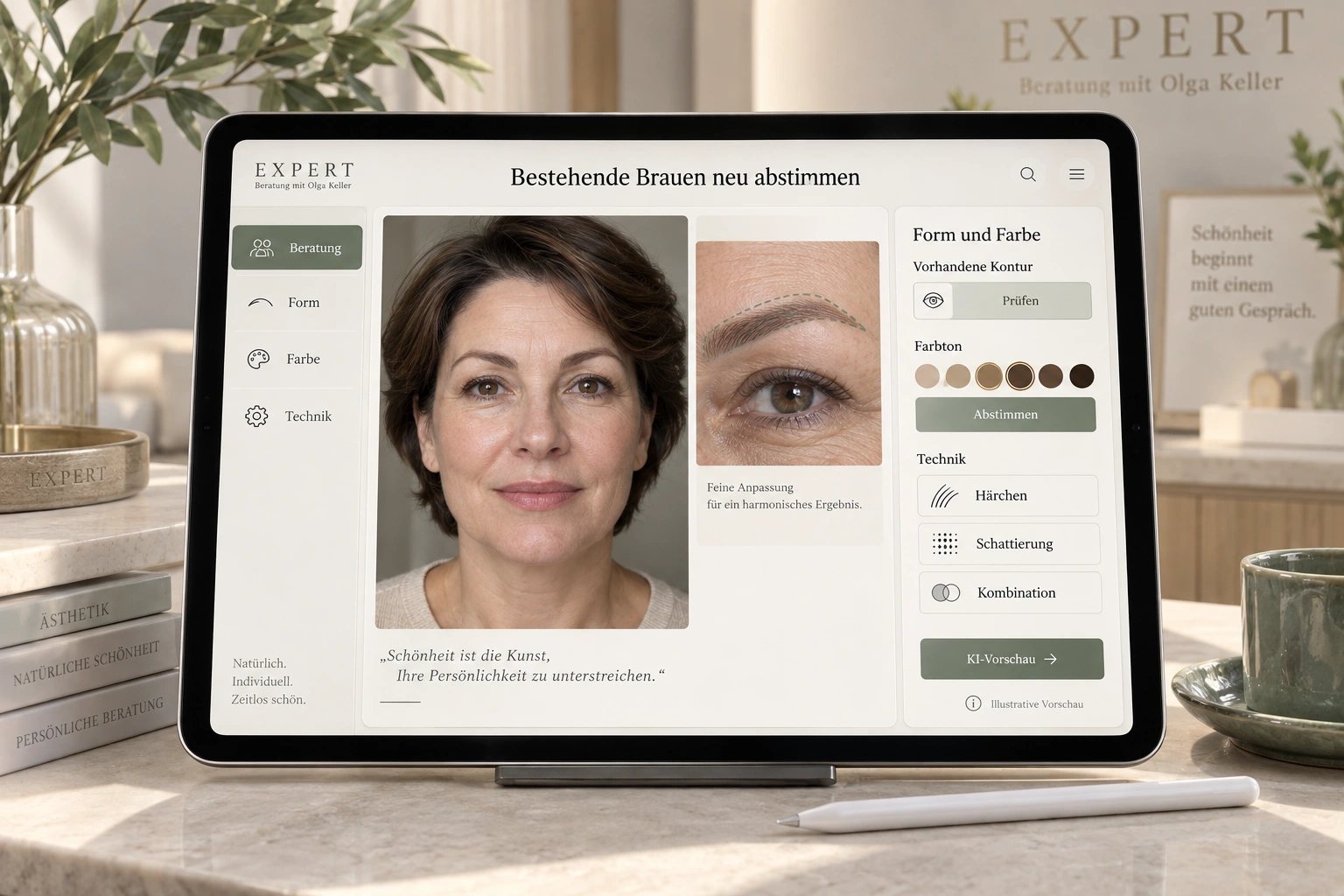 Illustration of an iPad with German software for coordinating shape, colour and technique for existing eyebrow PMU