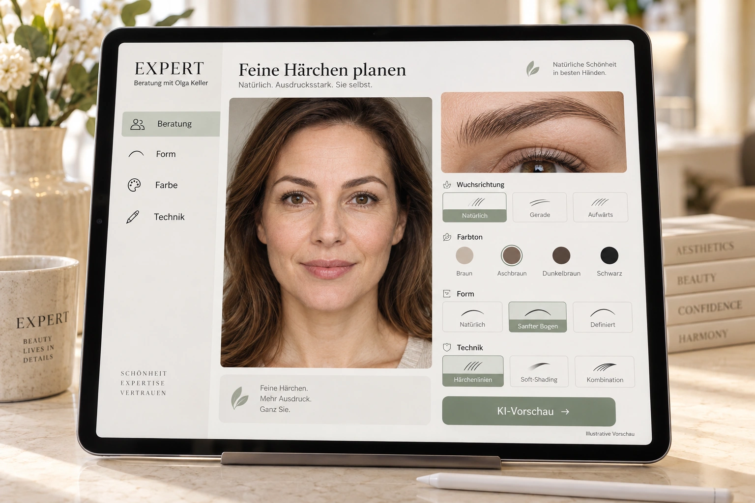 Illustration of an iPad with German consultation software for brow shape, shade and fine hair strokes