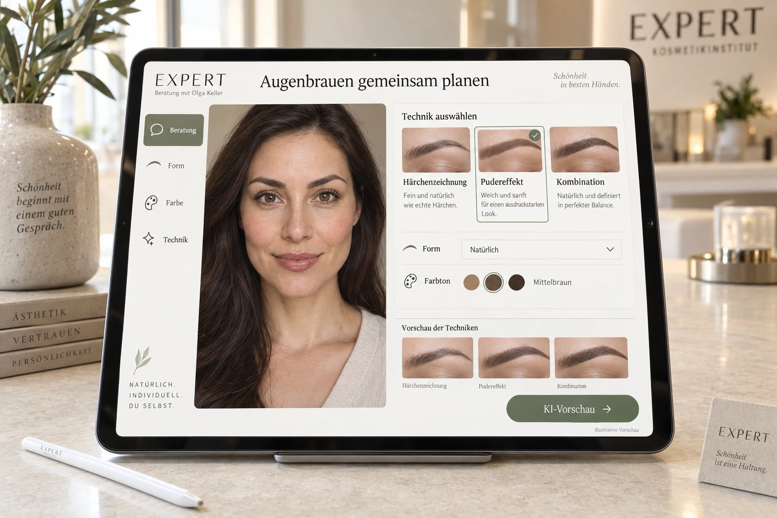 Illustration of an iPad with German software comparing hair strokes, powder shading and combined brow techniques