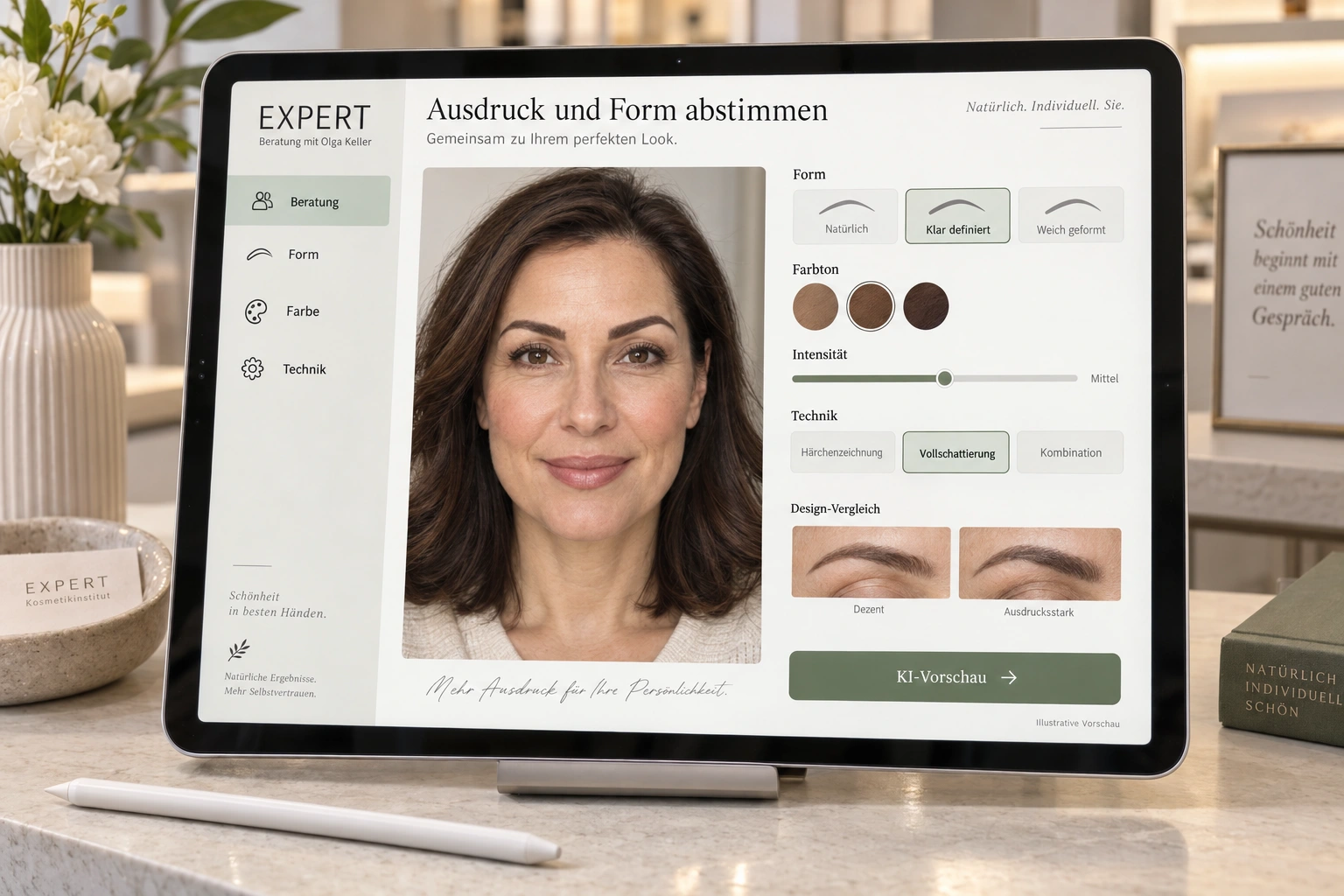 Illustration of an iPad with German software for choosing shape, brown shade and full-shading intensity
