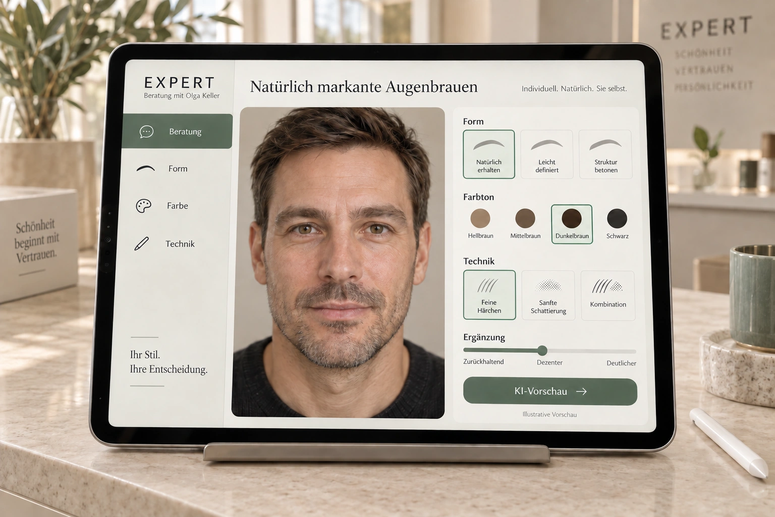 Illustration of an iPad with German software for discreetly planning men’s eyebrows