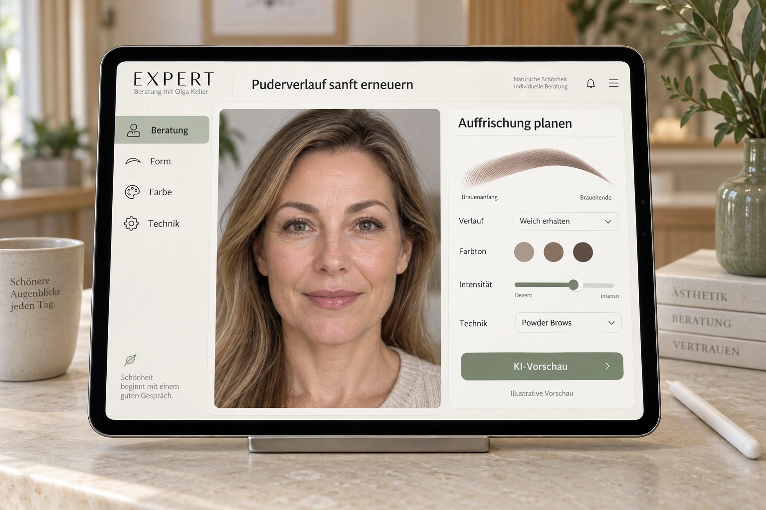 Illustration of an iPad with German software for planning shade and gradient in a Powder Brows touch-up