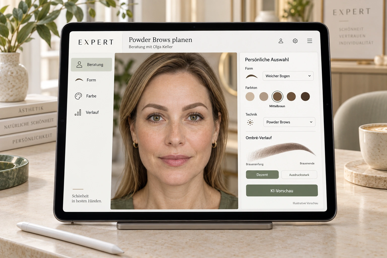 Illustration eines iPads mit deutscher Software zur Planung von Brauenform, Farbton und Ombré-Verlauf für Powder Brows