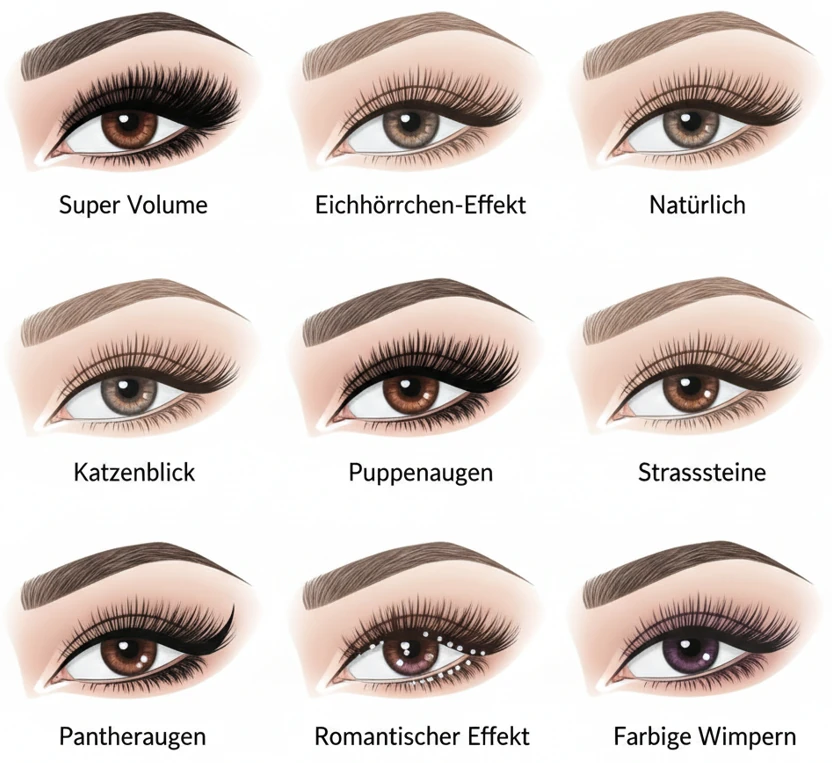 Infografik: Verschiedene Effekte der Wimpernverlängerung im Vergleich, darunter Super Volume, Natürlich, Katzenblick und weitere Styling-Varianten