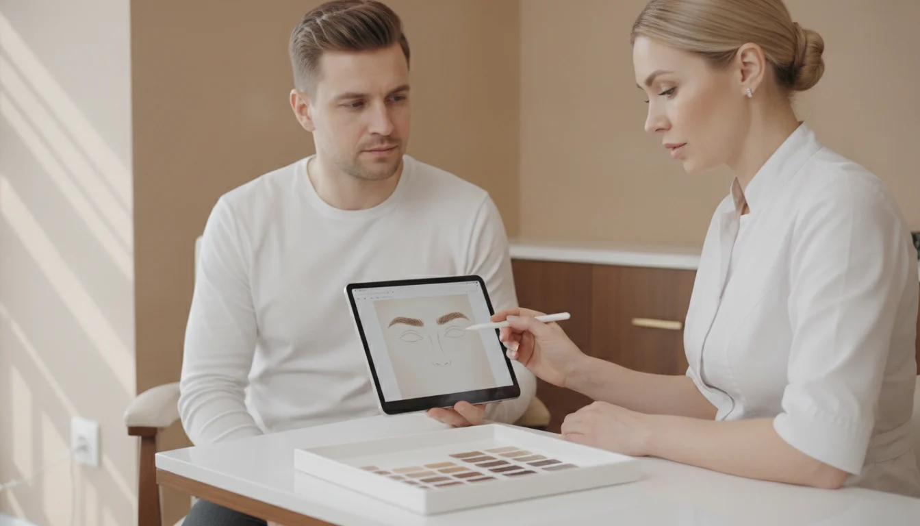 Permanent makeup eyebrow consultation for men in Berlin with Olga Keller