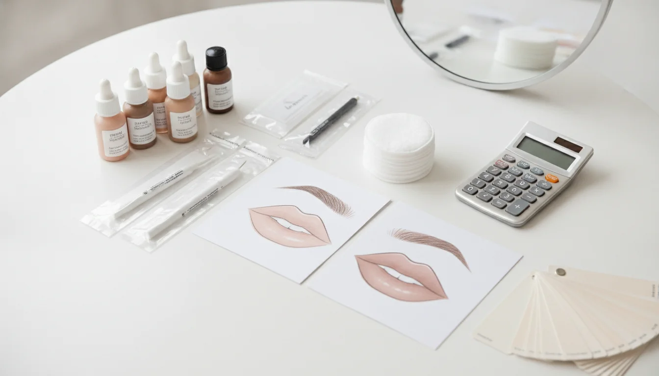 Professional consultation about permanent makeup costs in Berlin with pigment swatches and brow planning