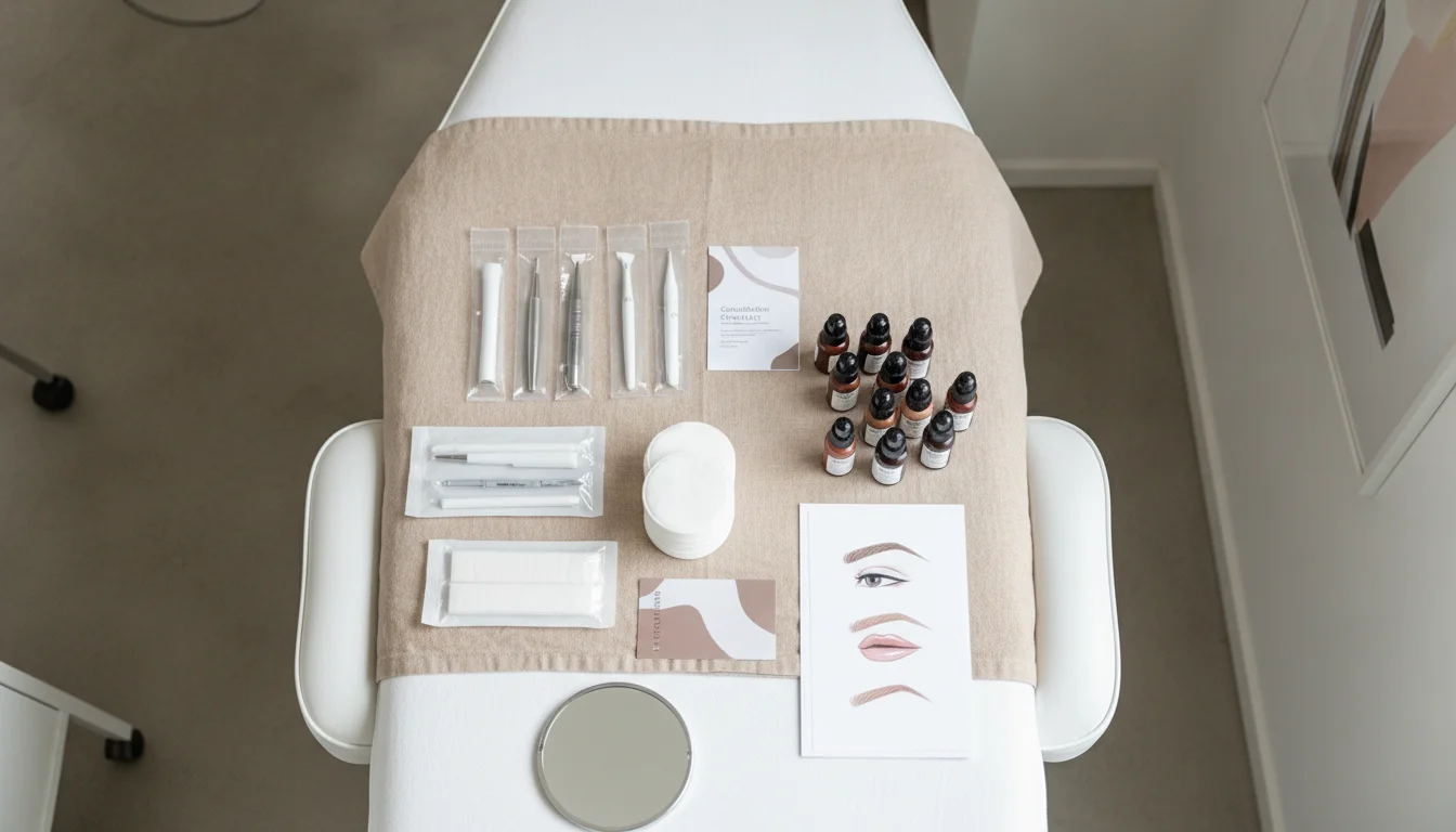 Serious permanent makeup studio in Berlin with consultation materials, pigments and hygiene tools