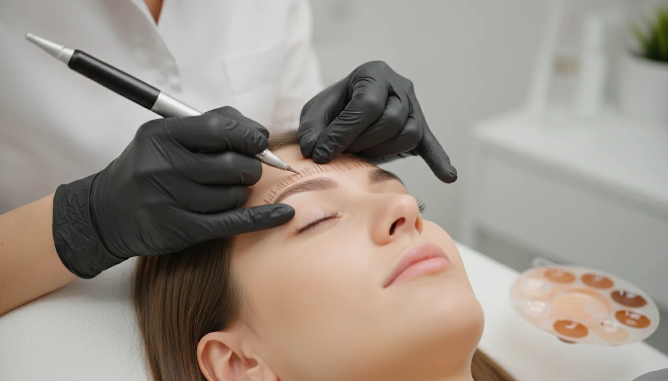 Microblading treatment for a client with alopecia in a cosmetic studio