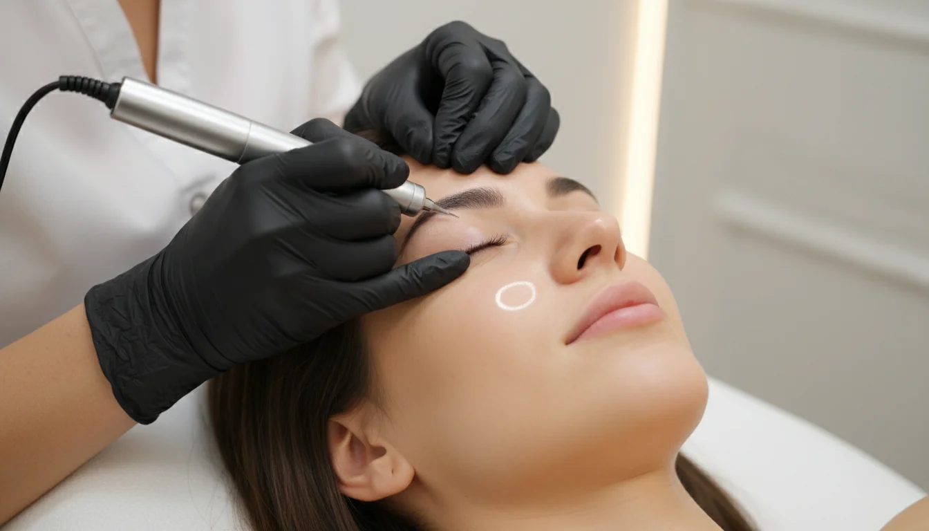 Permanent eyeliner treatment being applied to a client in a cosmetic studio