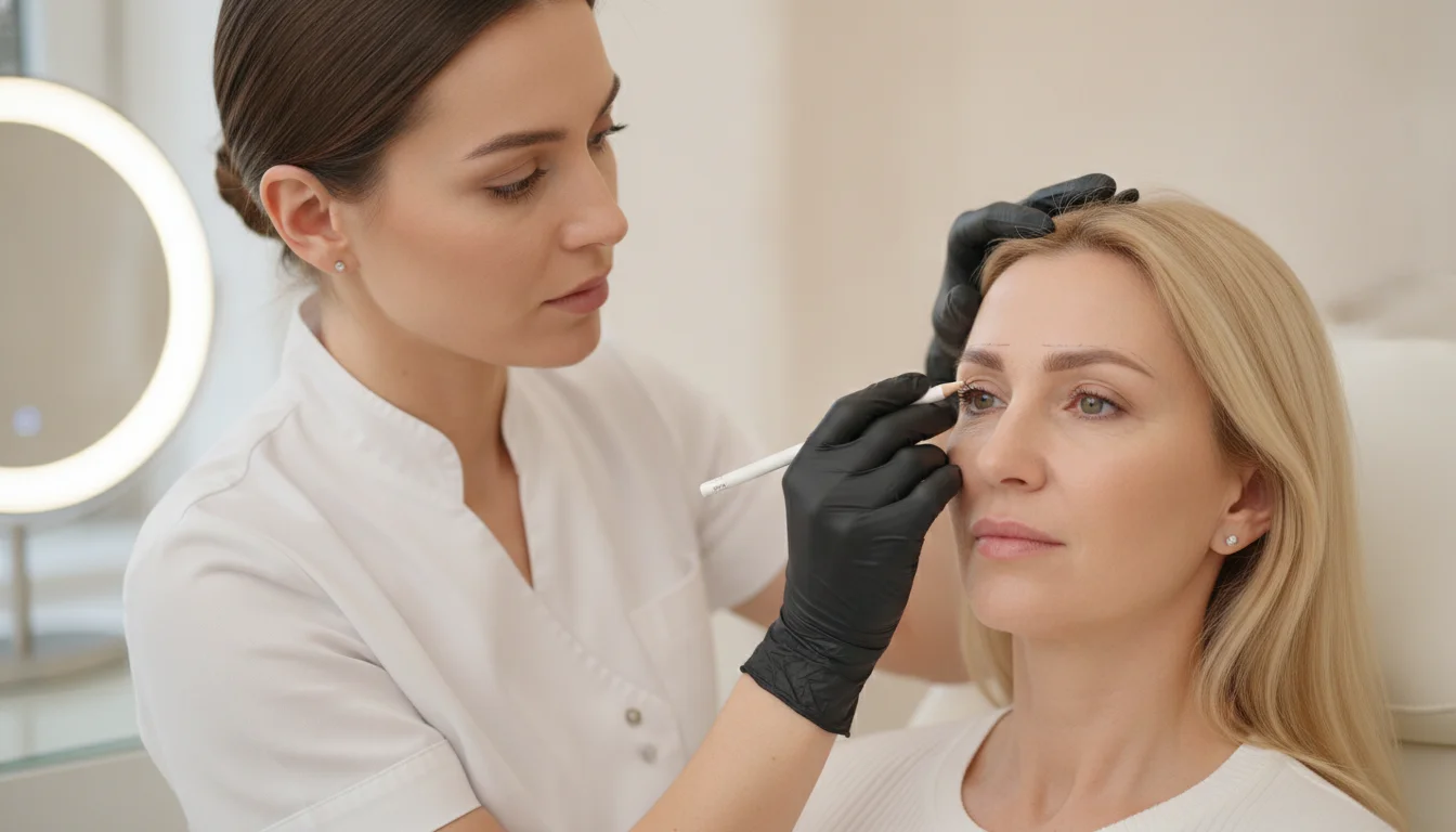 Olga Keller zeichnet eine natürliche Augenbrauenform vor dem Permanent Make-up in Berlin vor