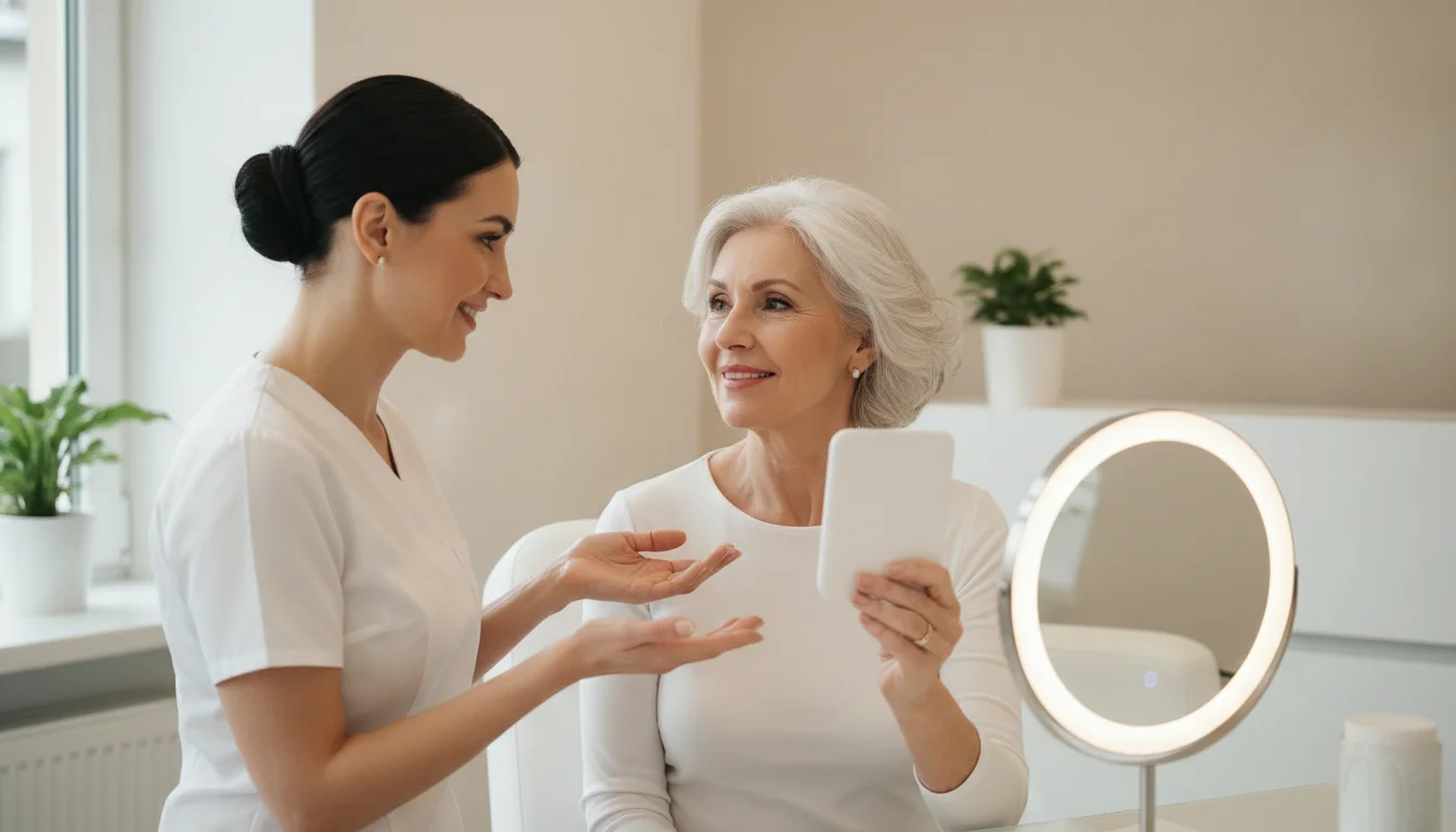 Olga Keller discussing a natural mature lip contour with a client in Berlin