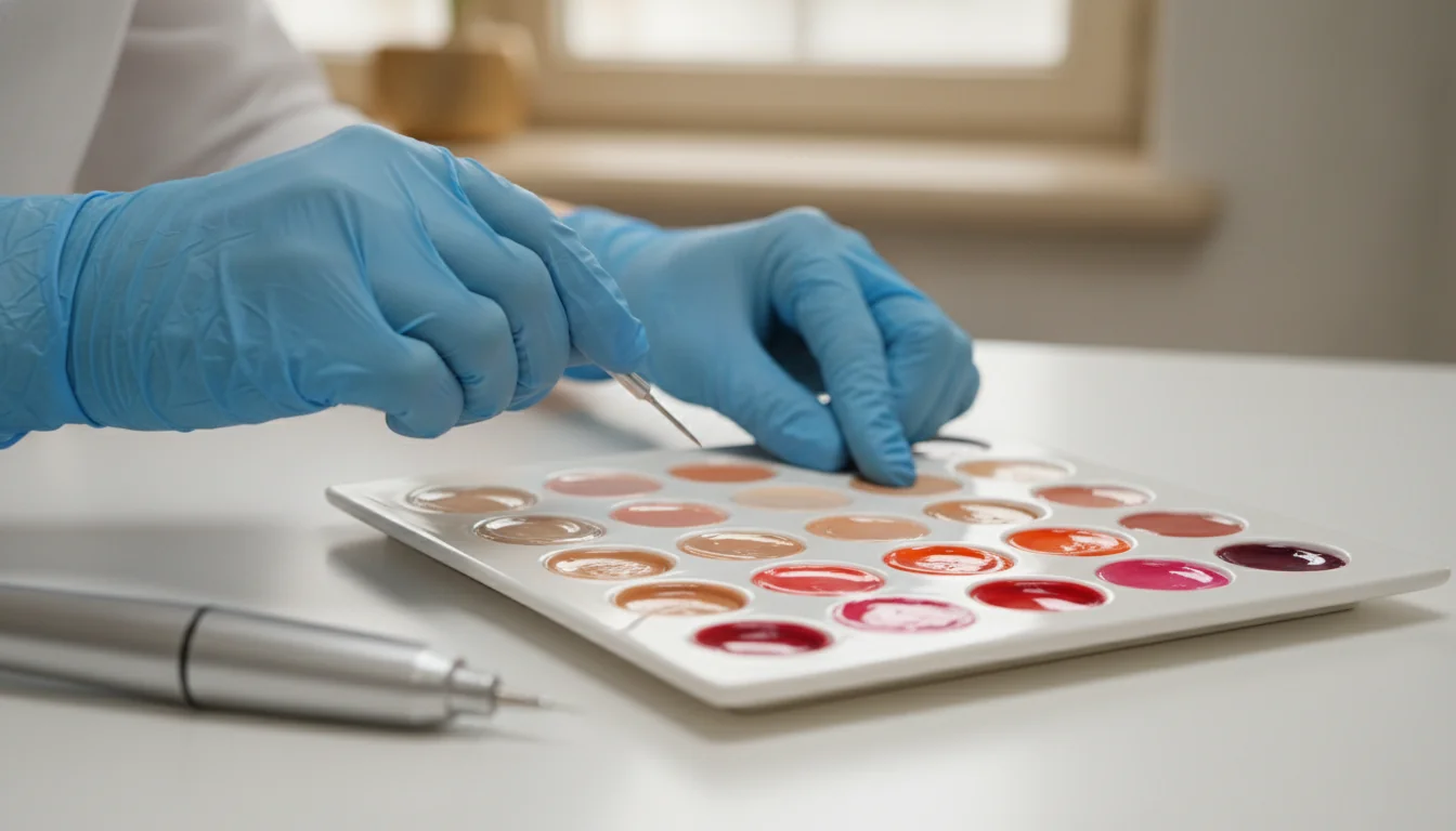 Cosmetologist comparing pigment swatches on a client's forearm