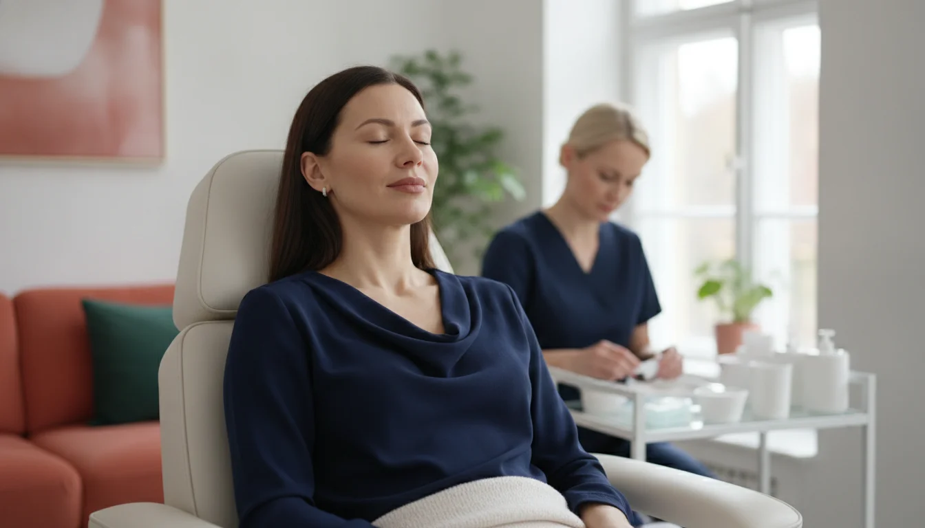 Relaxed client preparing for a comfortably guided lip PMU refresh
