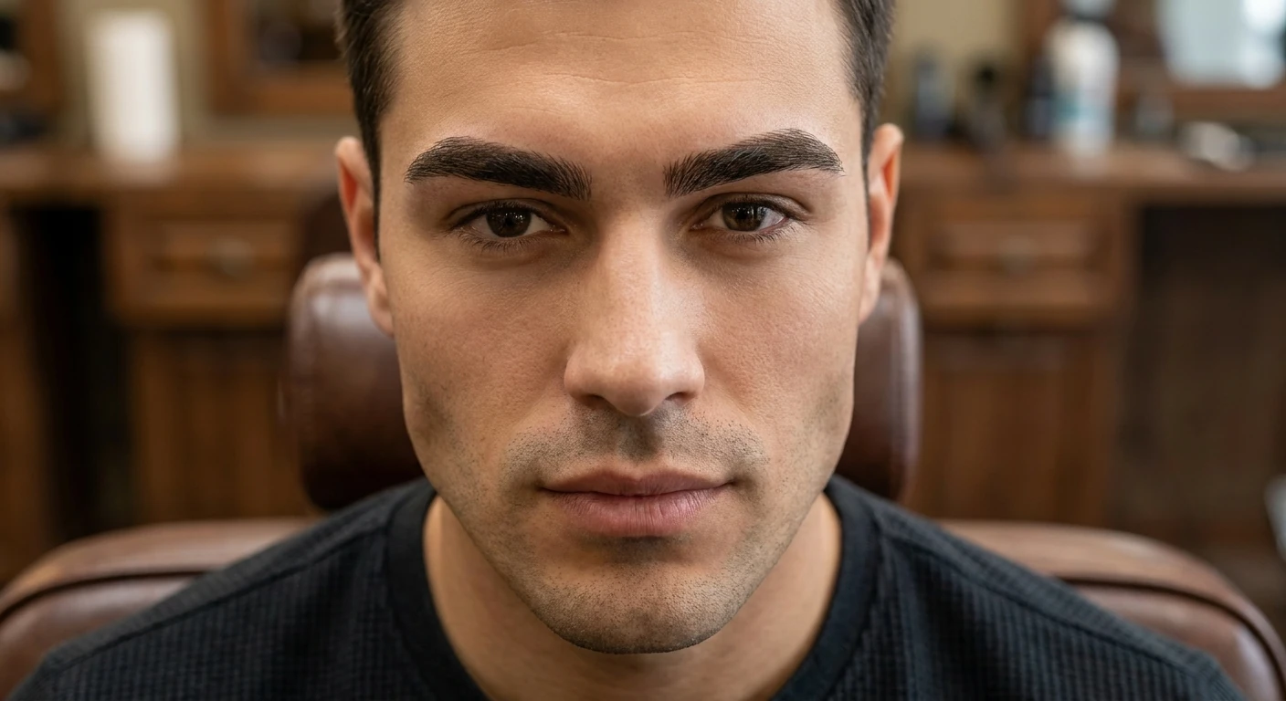 Close-up of natural-looking male eyebrows after microblading treatment