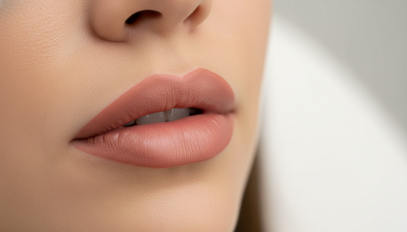 Close-up of naturally pigmented lips with soft contour and full shading