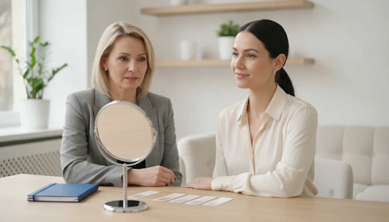 Olga Keller assessing different eyebrow heights with natural facial movement in Berlin
