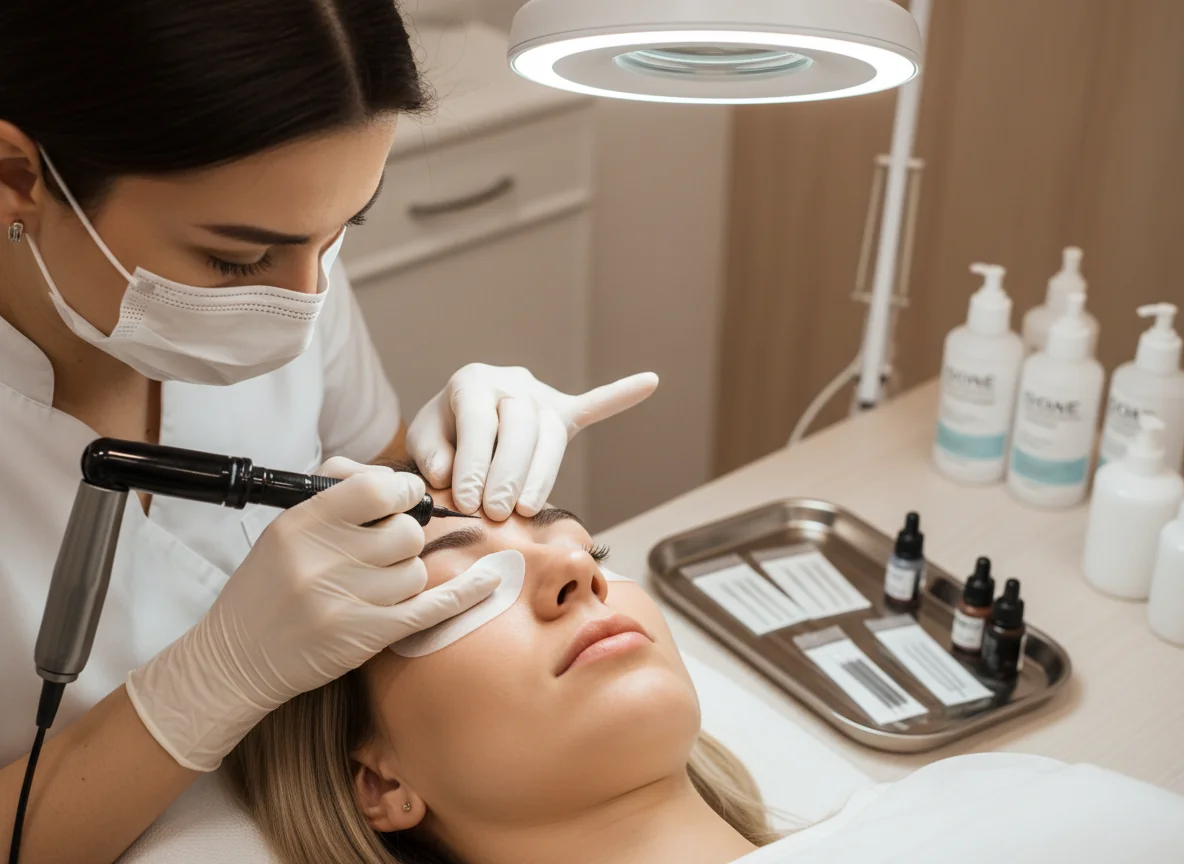 Cosmetologist performing a permanent eyeliner procedure