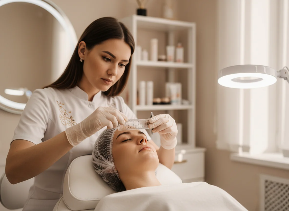 Cosmetologist analysing eye symmetry before permanent eyeliner treatment