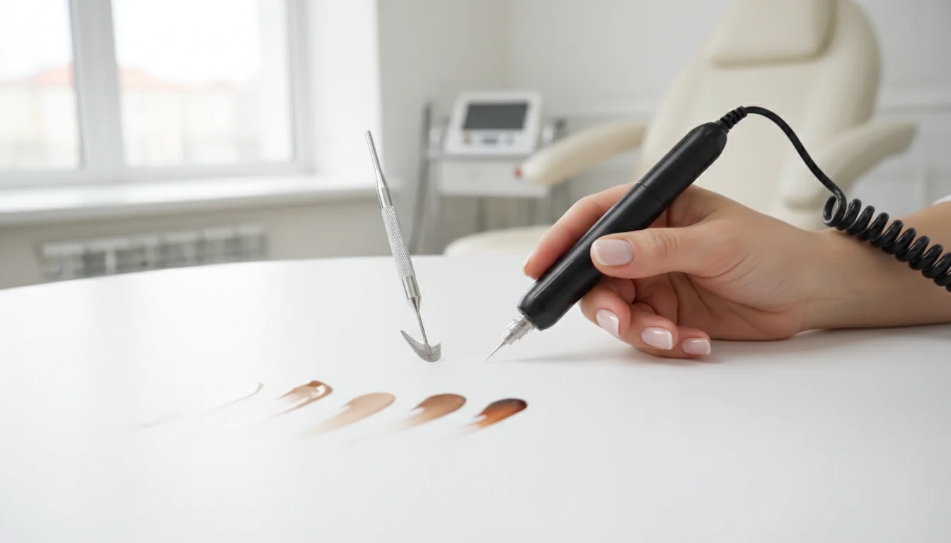 Microblading hand tool and PMU device compared with colour pigments