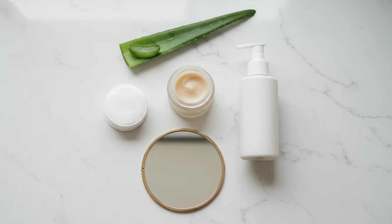 Aftercare products for microblading healing on a white marble surface
